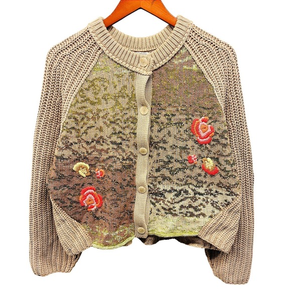 Anthropologie Cardigan Sweater Women's Medium Floral Camo Knit Button Front Flaw - Picture 2 of 12